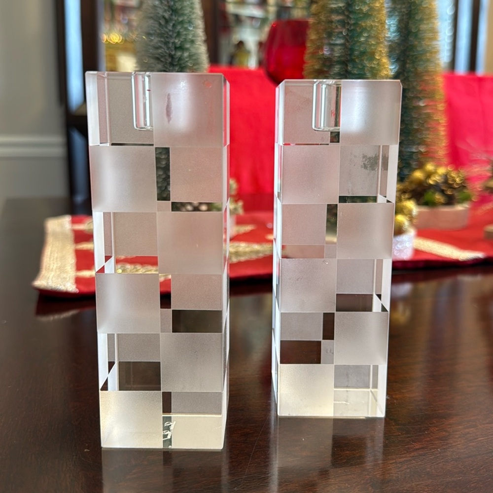 Lucien Piccard Glass Chequered Candlestick Holders- Pair